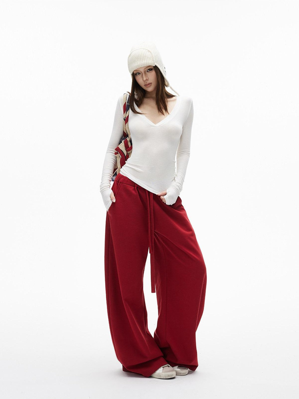 iamxiaa Two Tone Deep V Thumbhole Slim Stretch Knit Women&