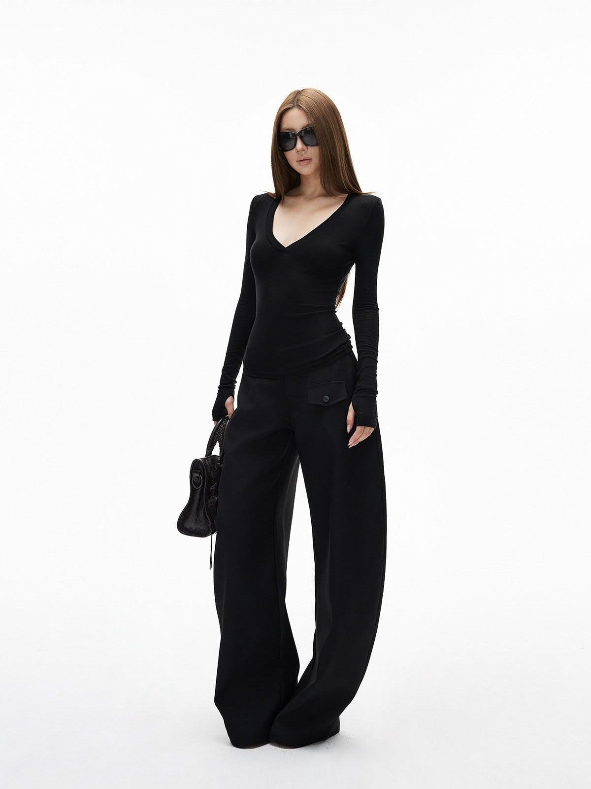 iamxiaa Two Tone Deep V Thumbhole Slim Stretch Knit Women&