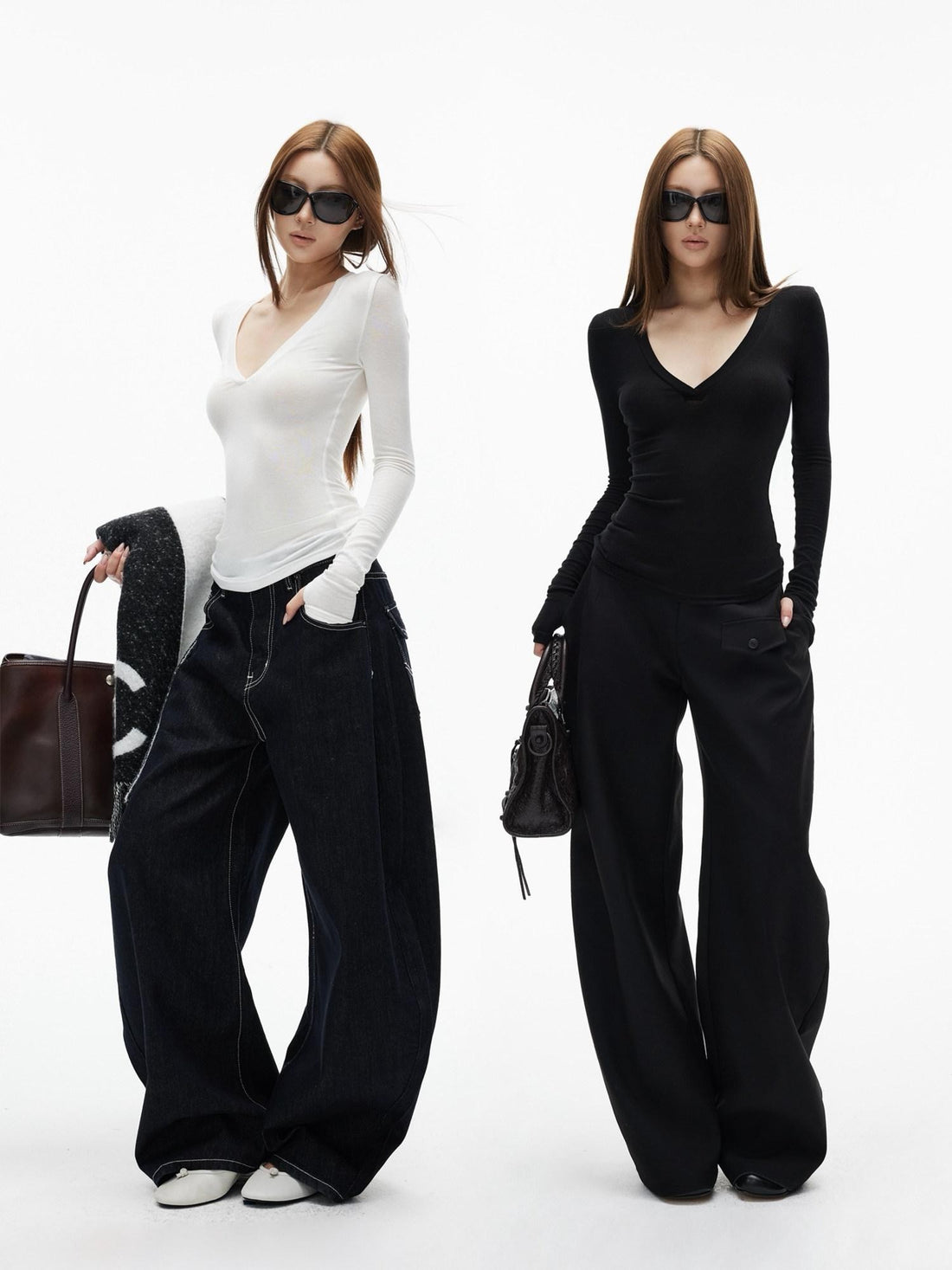 iamxiaa Two Tone Deep V Thumbhole Slim Stretch Knit Women&