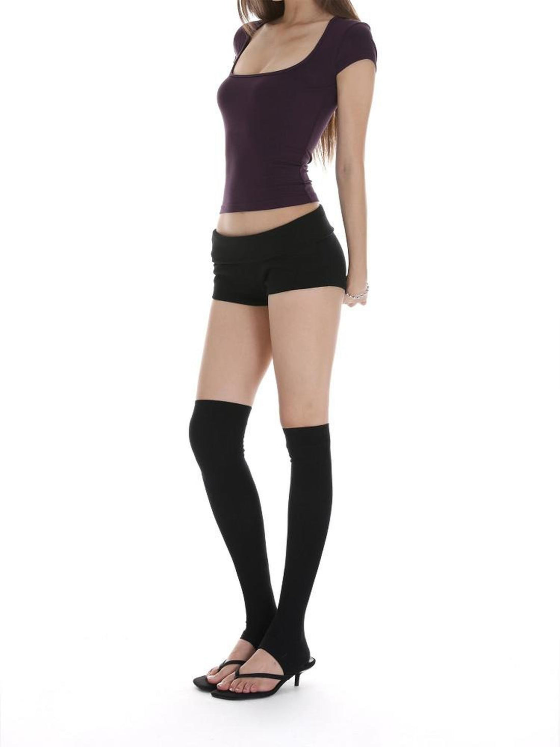 iamxiaa Two Tone Foldable Hem Ribbed Panel Slimming Hip Hugging Women&