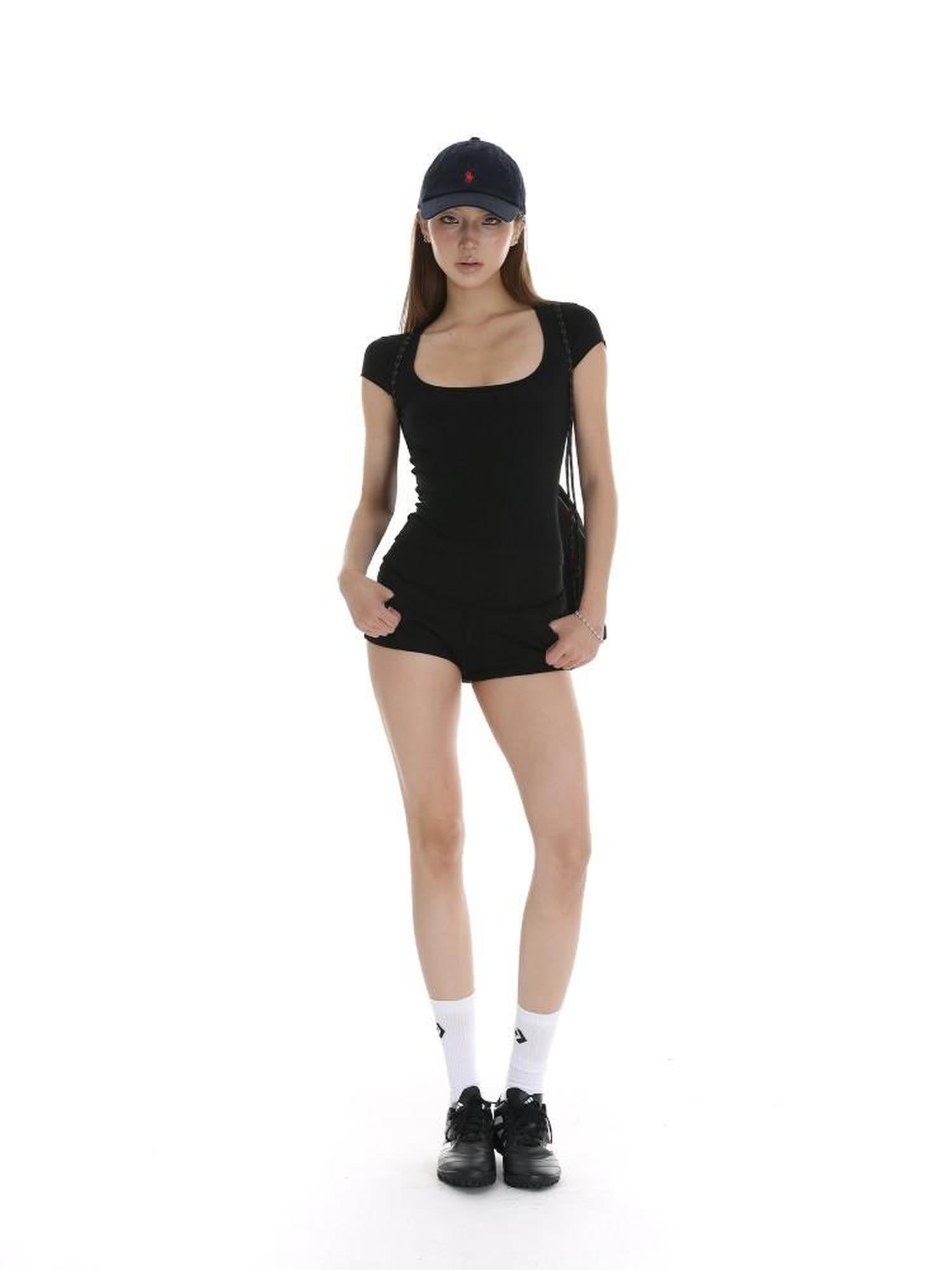 iamxiaa Two Tone Foldable Hem Ribbed Panel Slimming Hip Hugging Women&