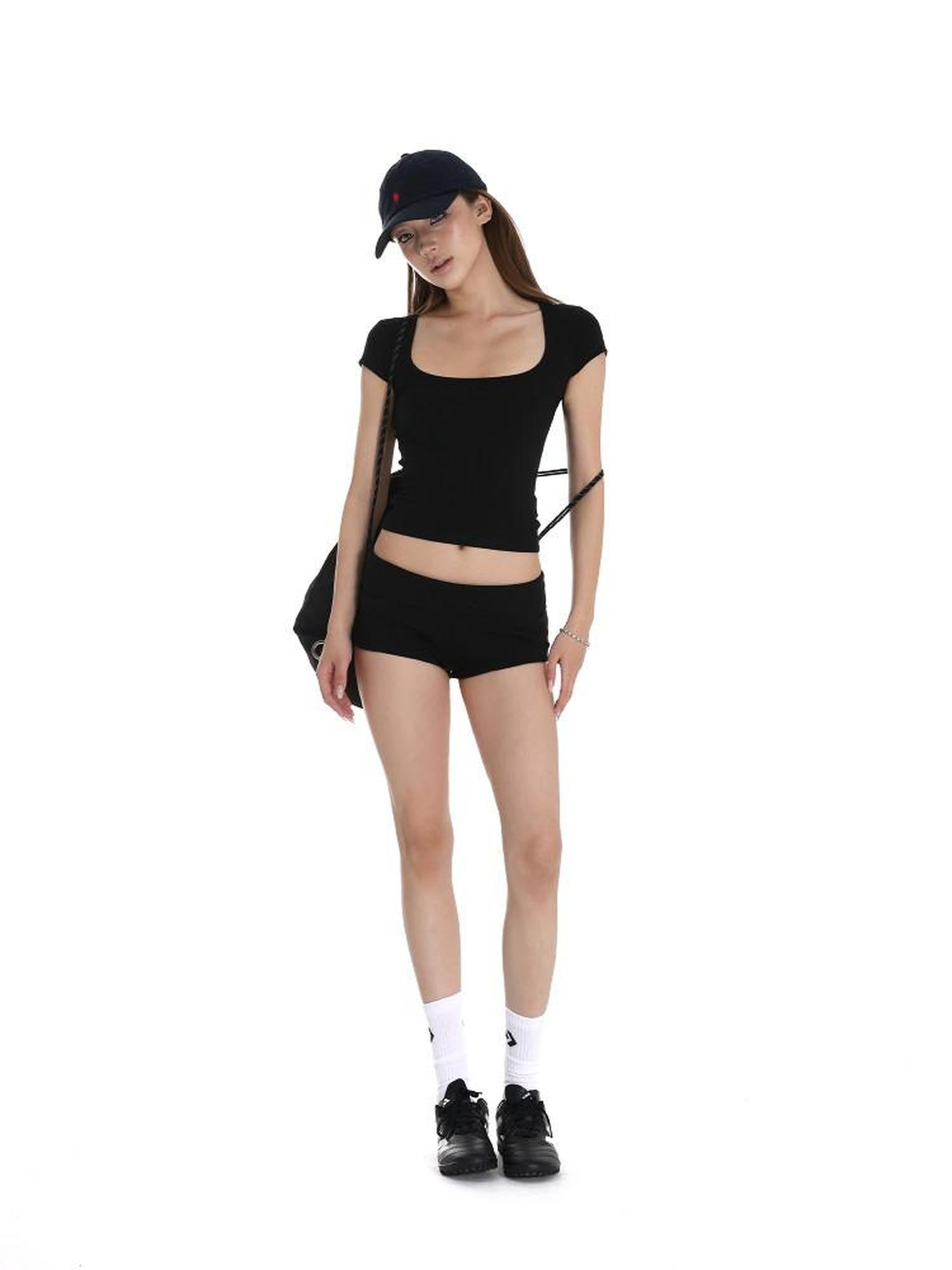 iamxiaa Two Tone Foldable Hem Ribbed Panel Slimming Hip Hugging Women&