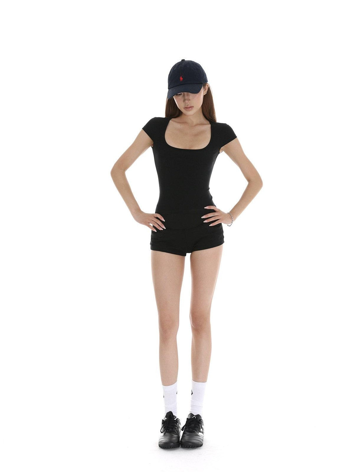 iamxiaa Two Tone Foldable Hem Ribbed Panel Slimming Hip Hugging Women&