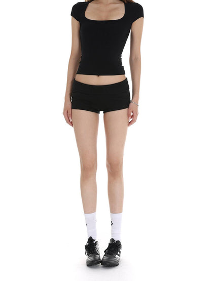 iamxiaa Two Tone Foldable Hem Ribbed Panel Slimming Hip Hugging Women&