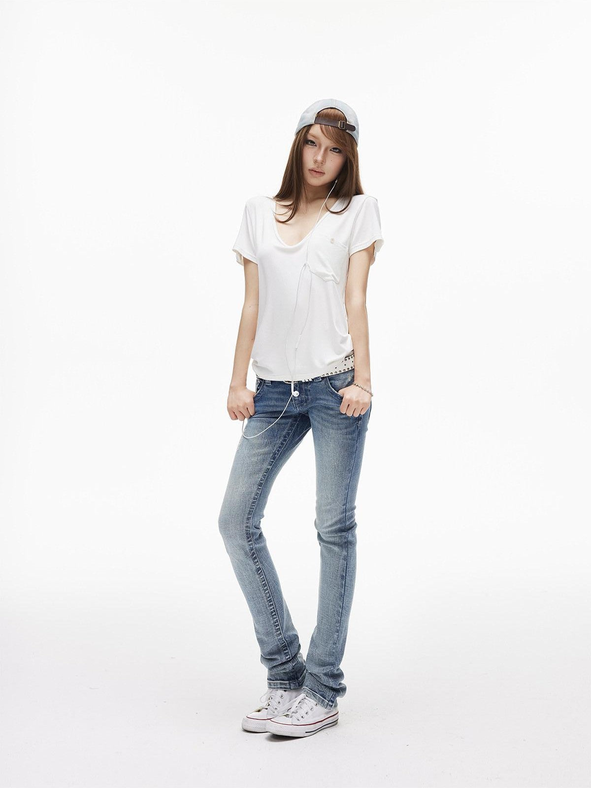 iamxiaa Two Tone Low V-neck Small Pocket Fitted Women&