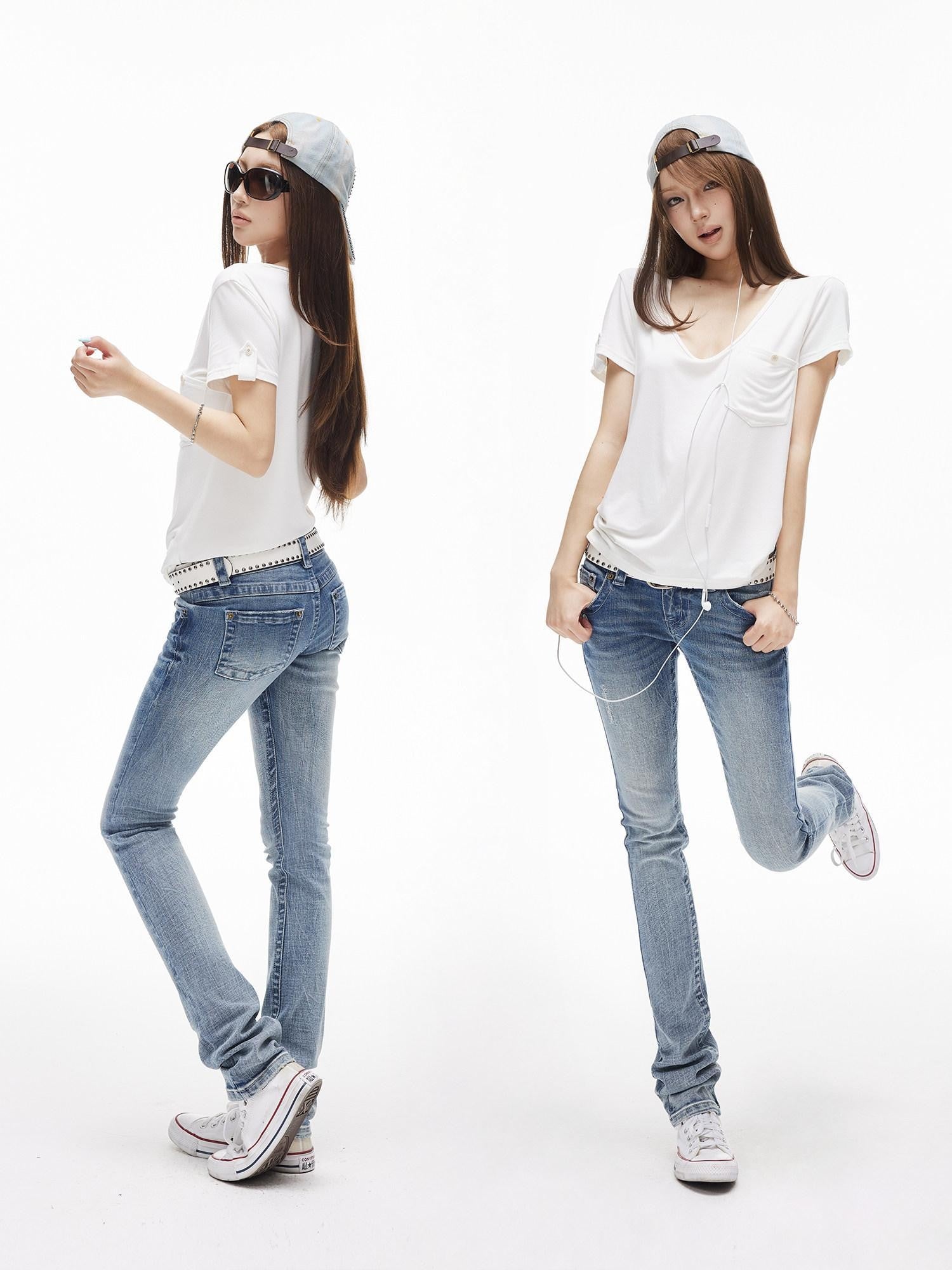 iamxiaa Two Tone Low V-neck Small Pocket Fitted Women&