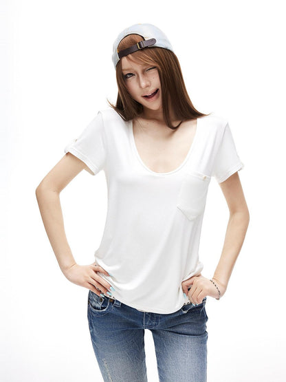 iamxiaa Two Tone Low V-neck Small Pocket Fitted Women&