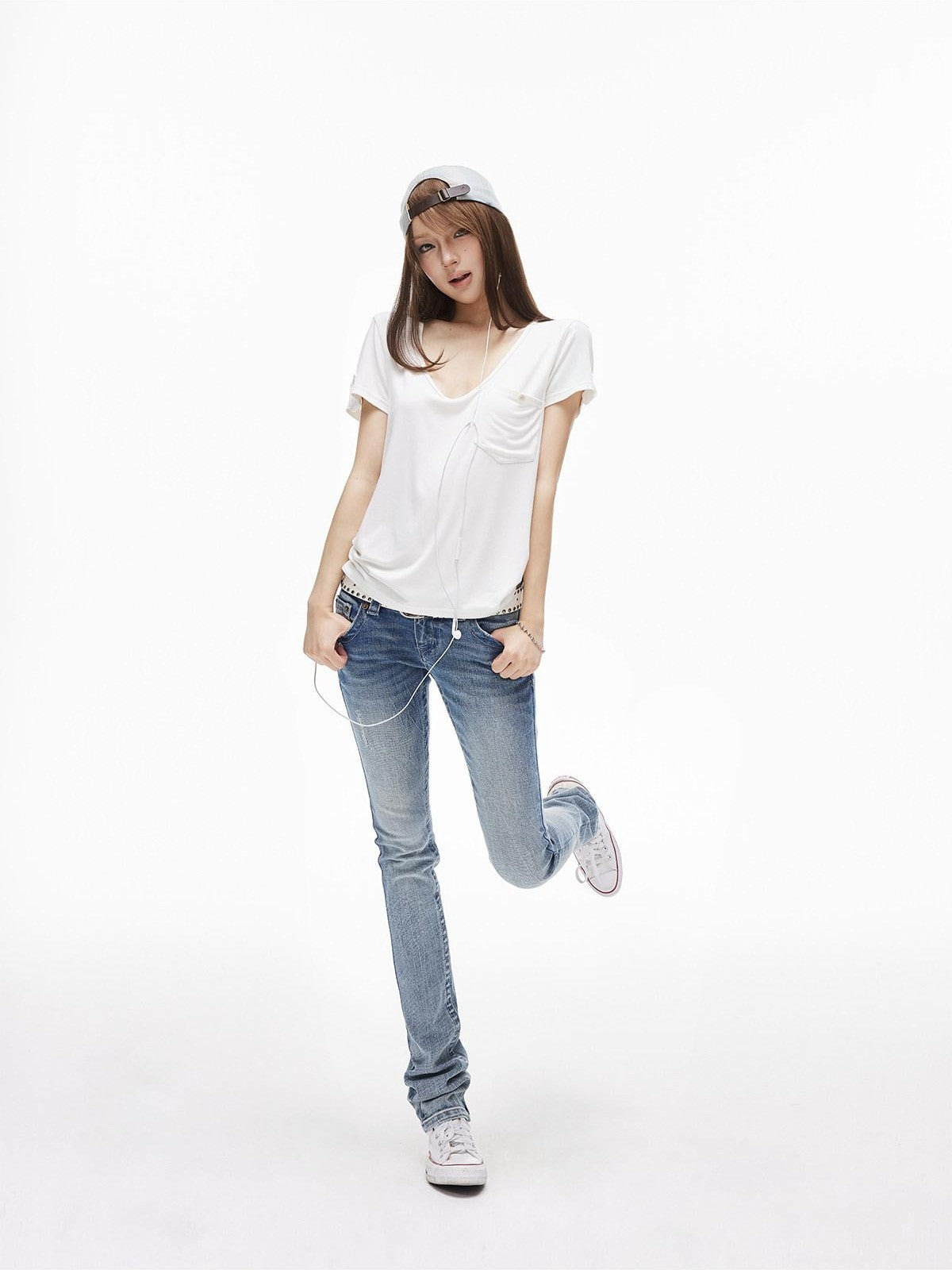 iamxiaa Two Tone Low V-neck Small Pocket Fitted Women&