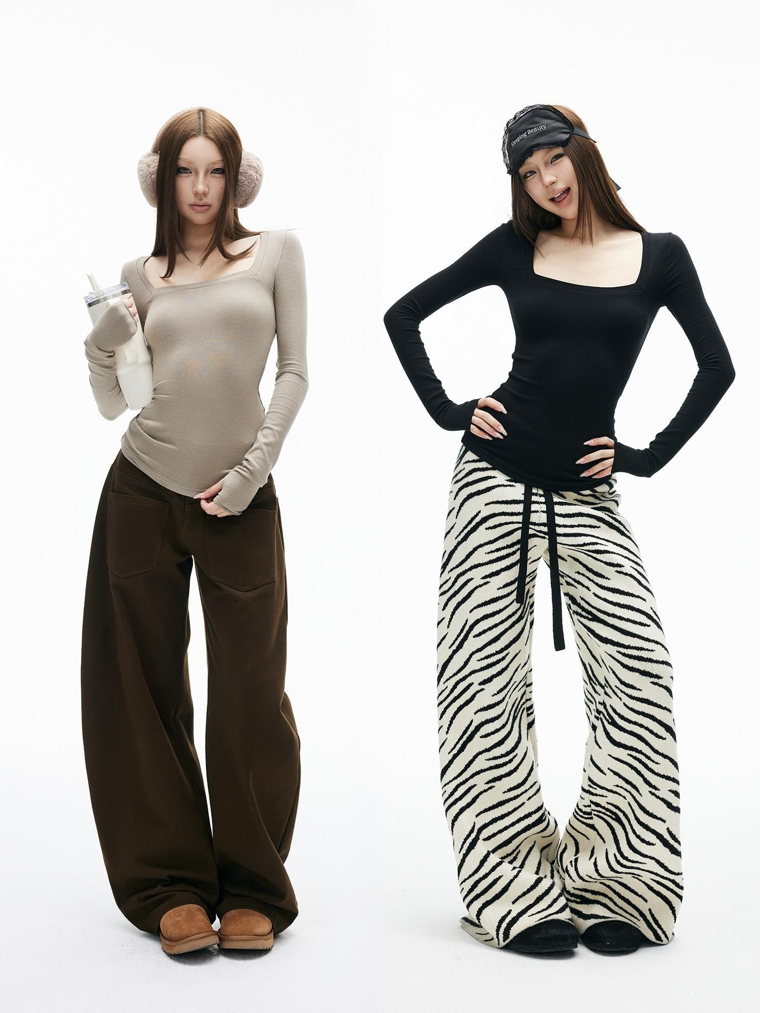 iamxiaa Two Tone Square Neck Slim Thumbhole Women&