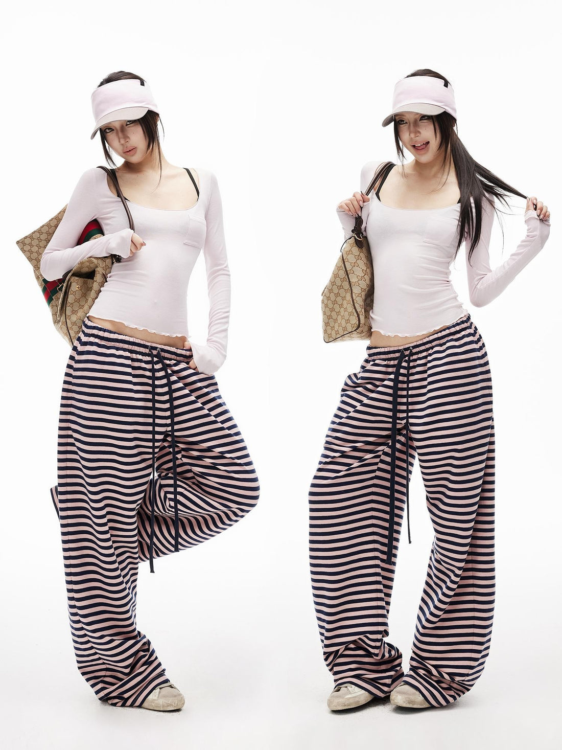 iamxiaa Two Tone Striped Embroidered Low Rise Straight Leg Cotton Women&