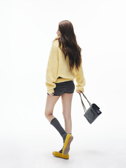 iamxiaa Two Tone Striped Handknit Ribbed Hem Women&