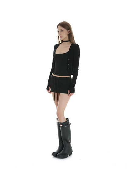 iamxiaa Two Tone Thumbhole Long Sleeve Bone Button Knit Women&