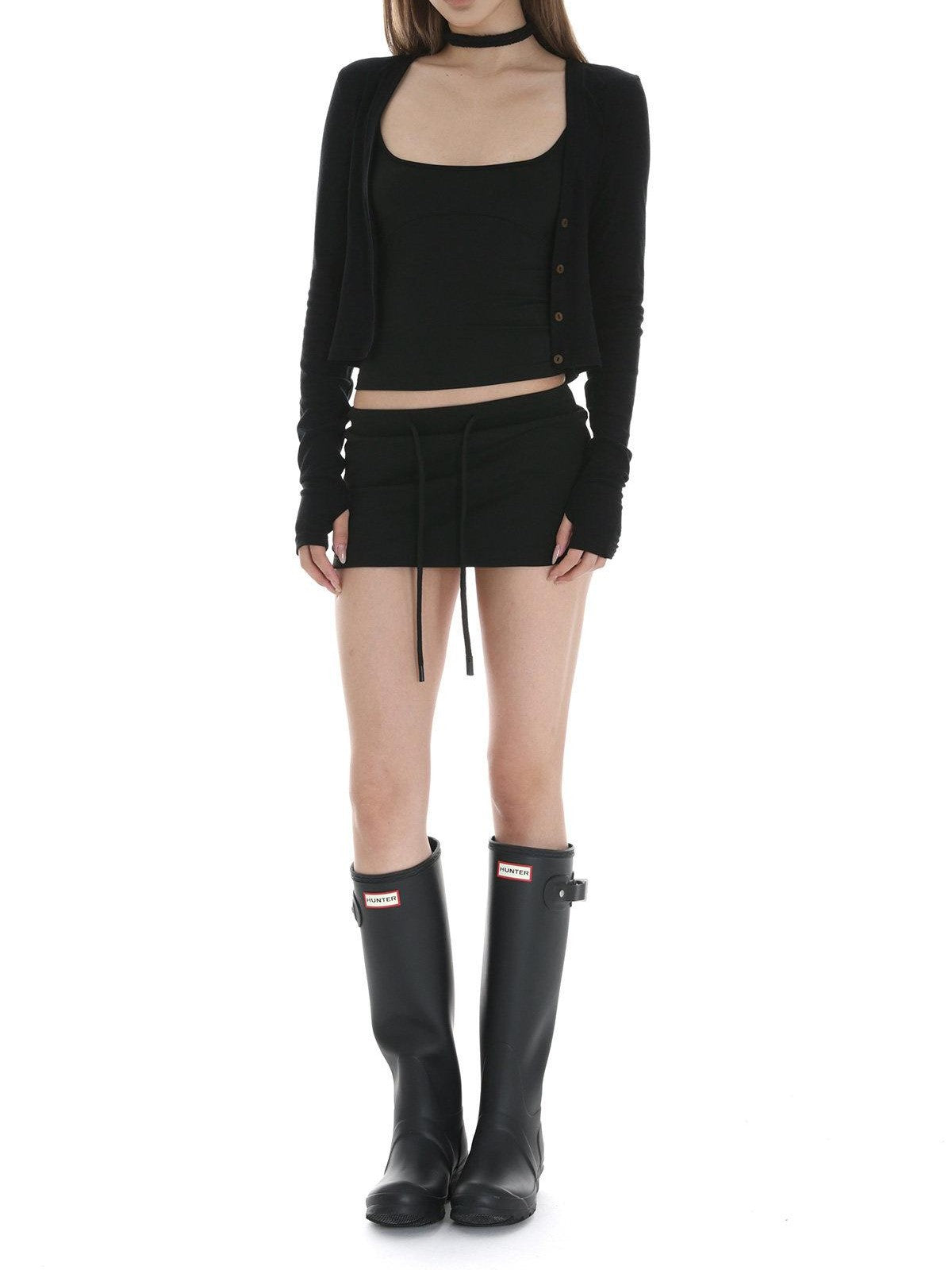 iamxiaa Two Tone Thumbhole Long Sleeve Bone Button Knit Women&