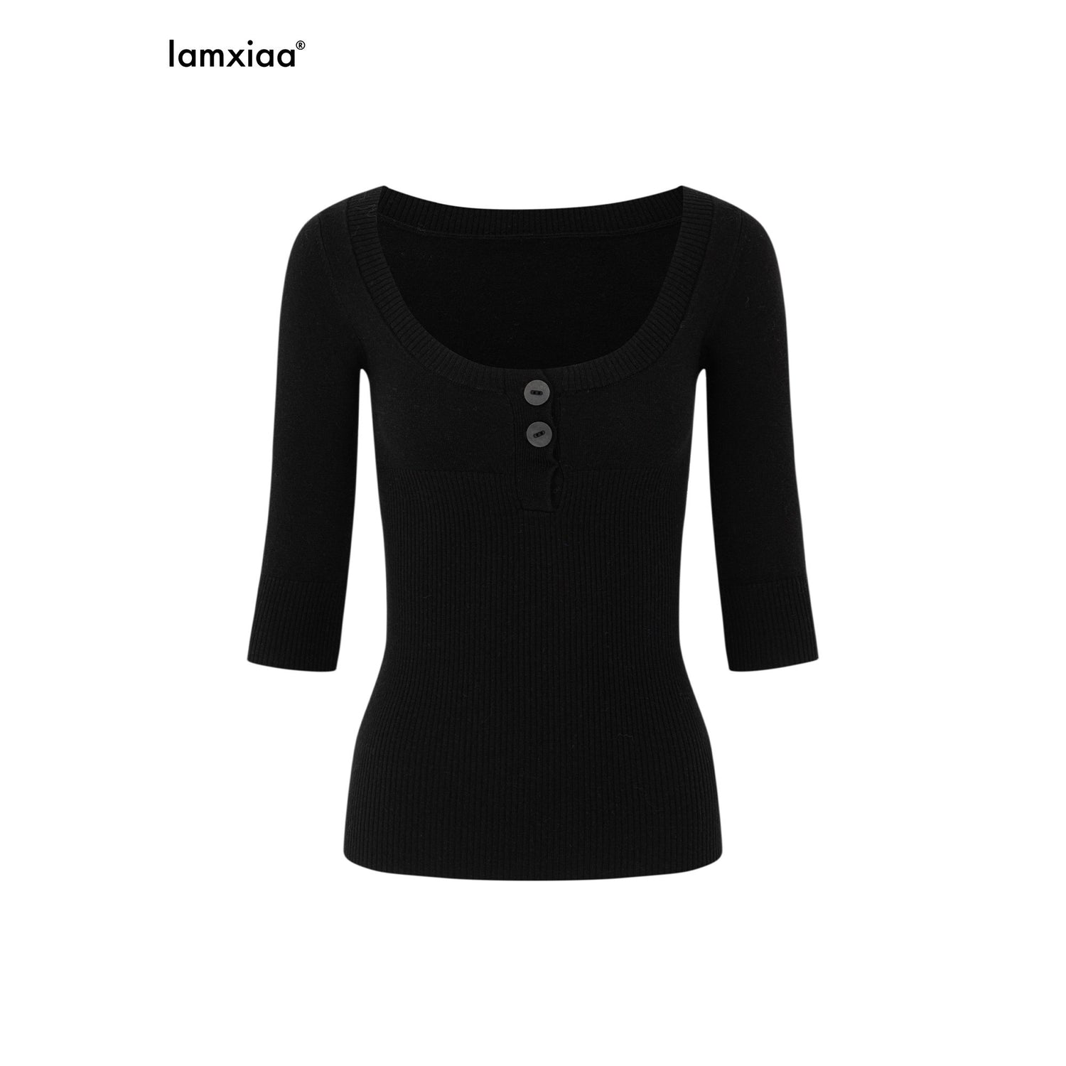 iamxiaa_Two_Tone_U_Neck_Henley_Bone_Button_Women&