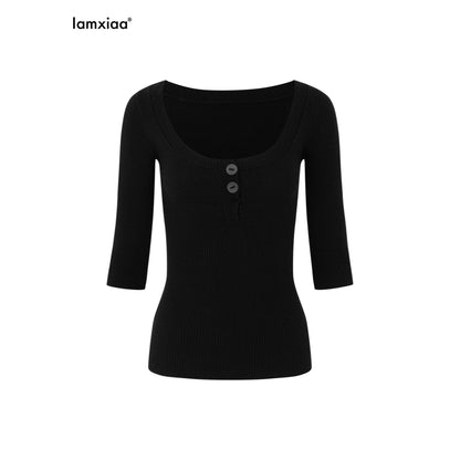 iamxiaa_Two_Tone_U_Neck_Henley_Bone_Button_Women&