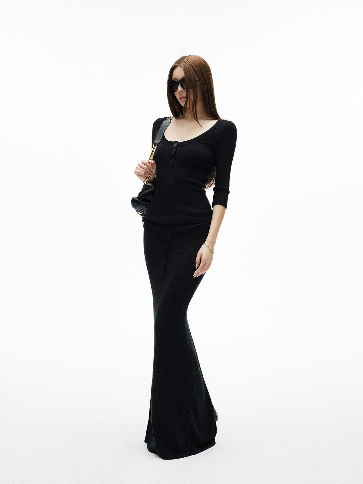 iamxiaa Two Tone U Neck Henley Bone Button Women&