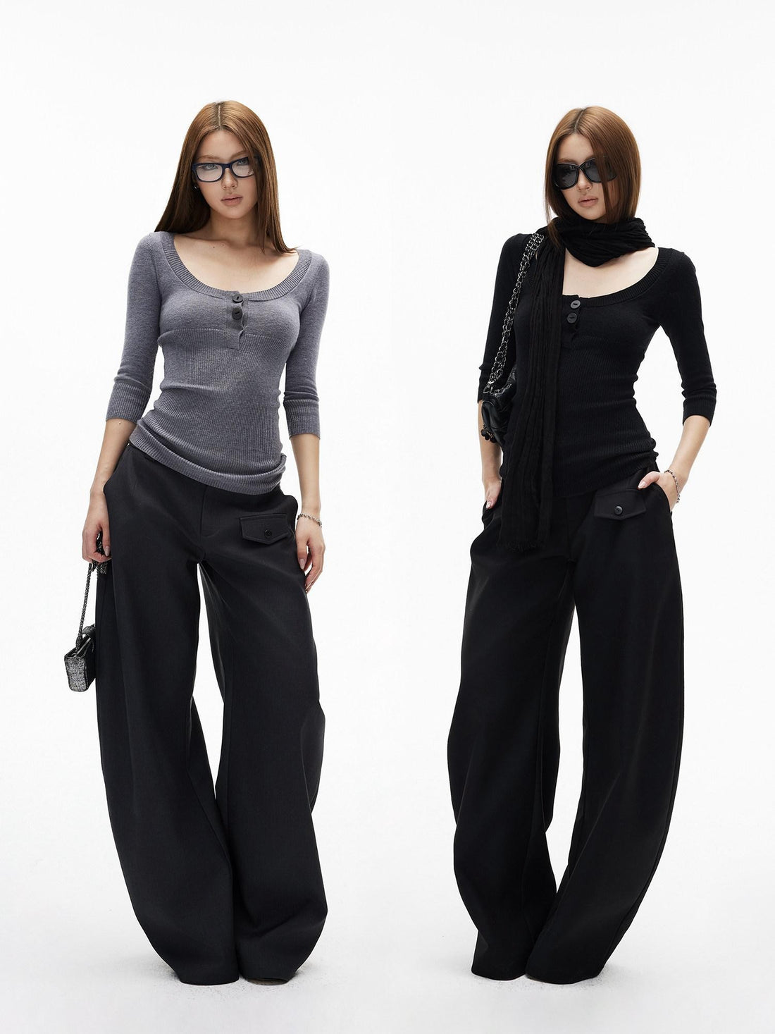 iamxiaa Two Tone U Neck Henley Bone Button Women&