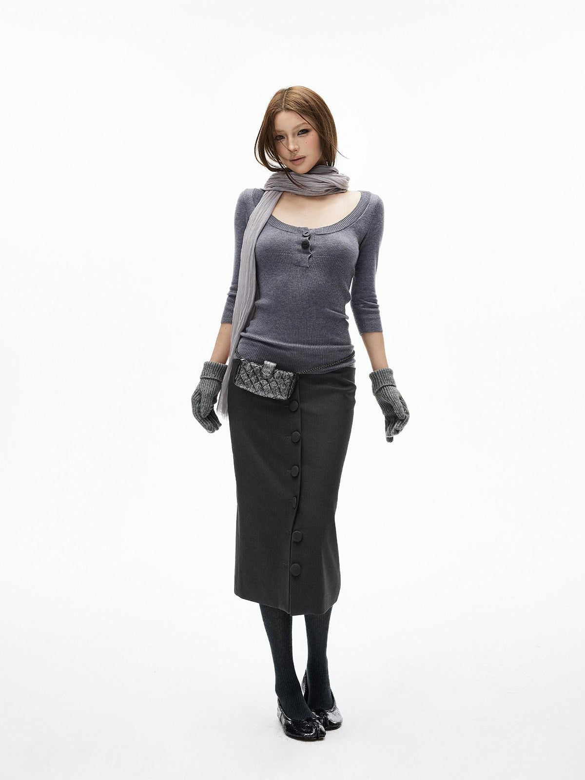 iamxiaa Two Tone U Neck Henley Bone Button Women&