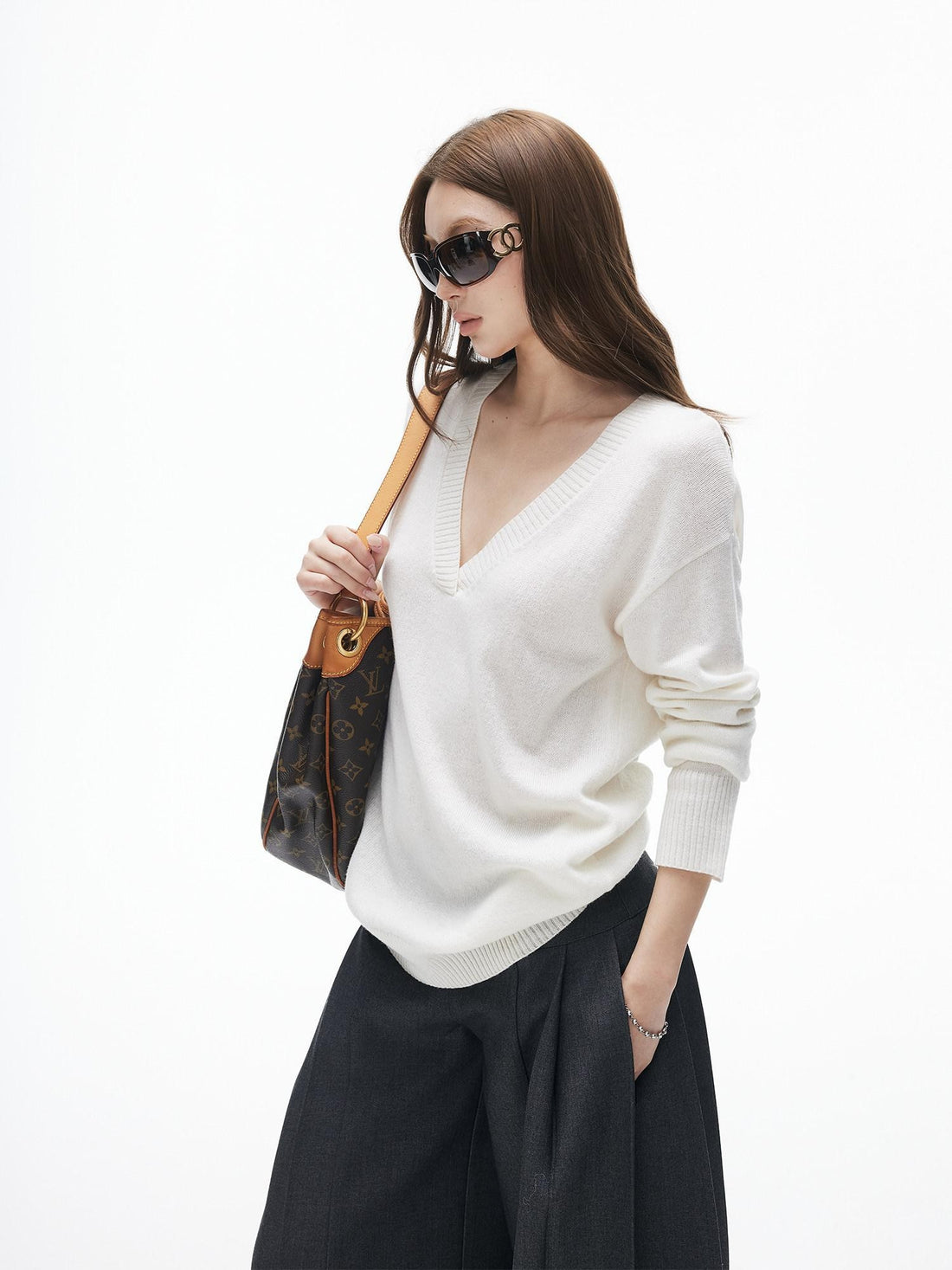 iamxiaa Two Tone V-neck Drop Shoulder Women&