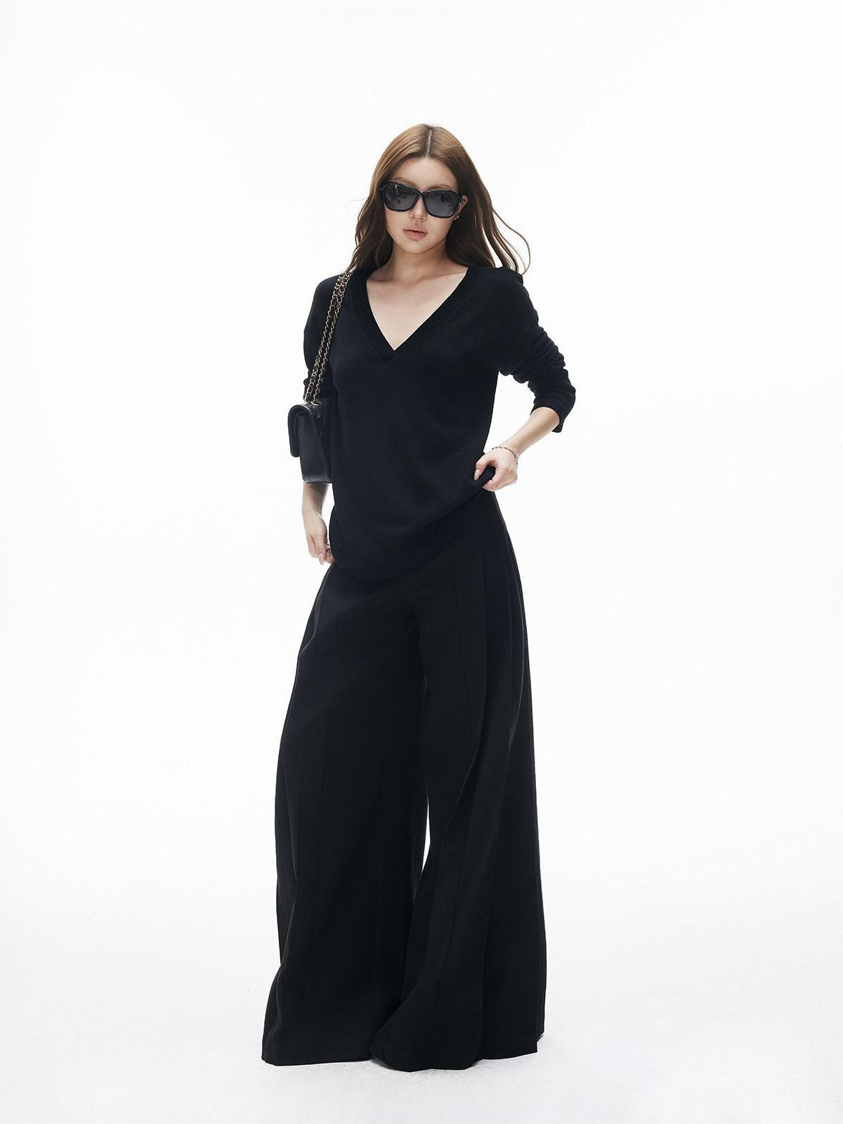 iamxiaa Two Tone V-neck Drop Shoulder Women&