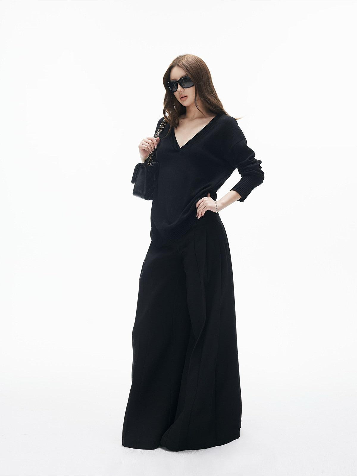 iamxiaa Two Tone V-neck Drop Shoulder Women&