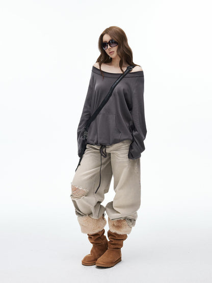 iamxiaa Two Way Crewneck Raglan Drawstring Hem Women&
