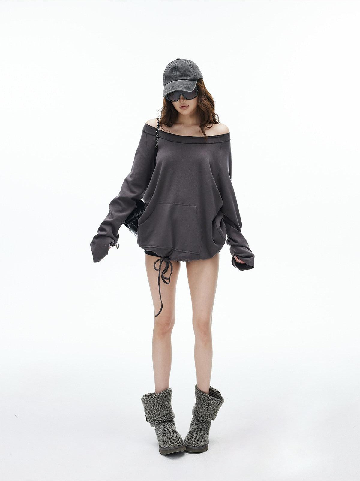 iamxiaa Two Way Crewneck Raglan Drawstring Hem Women&