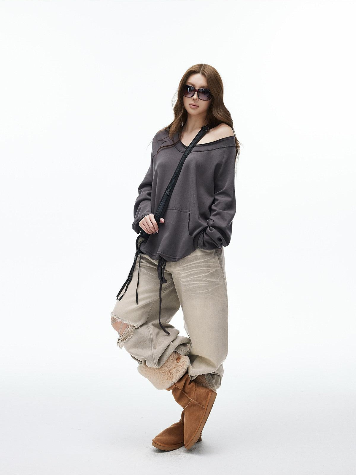 iamxiaa Two Way Crewneck Raglan Drawstring Hem Women&