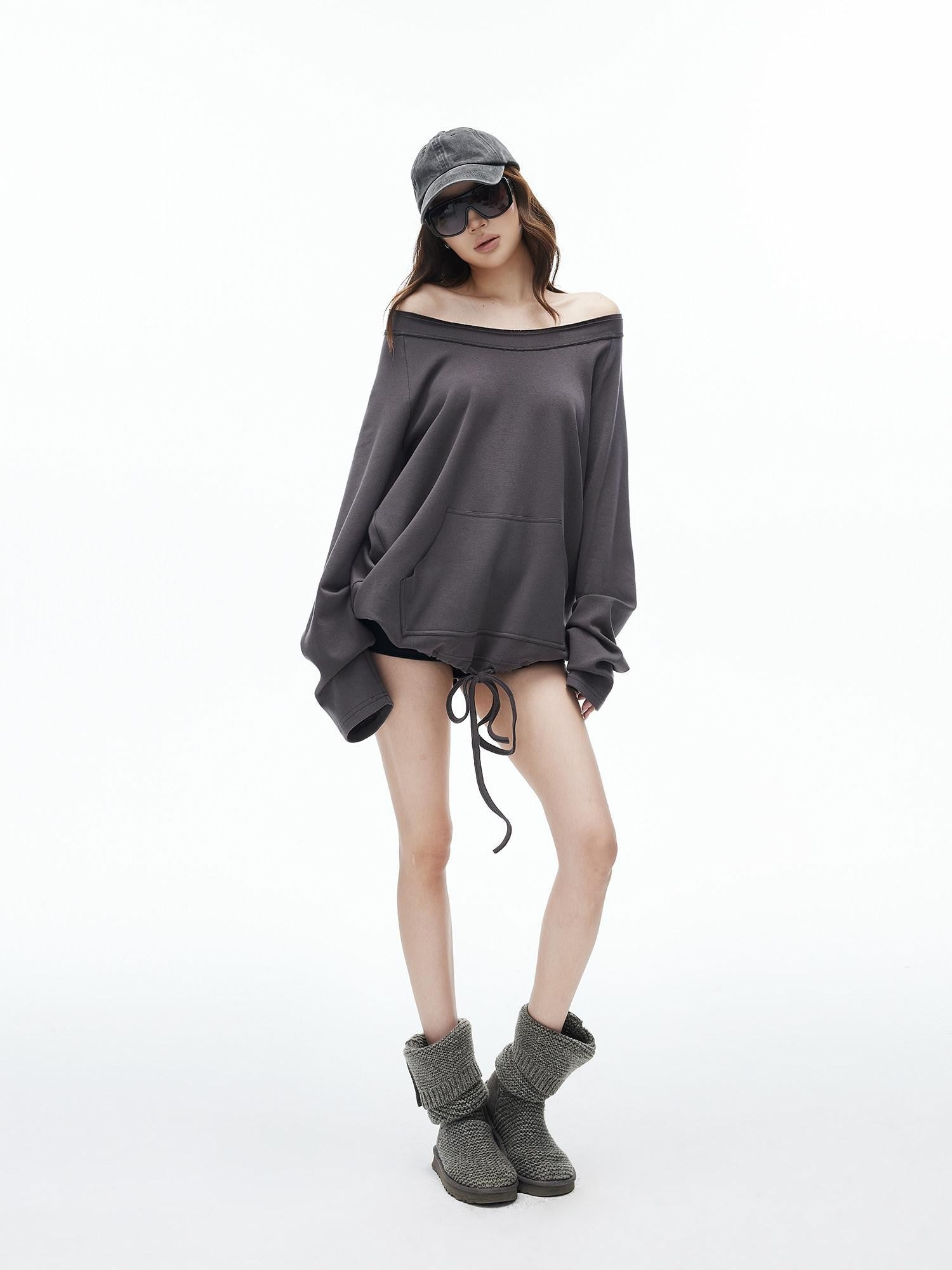 iamxiaa Two Way Crewneck Raglan Drawstring Hem Women&