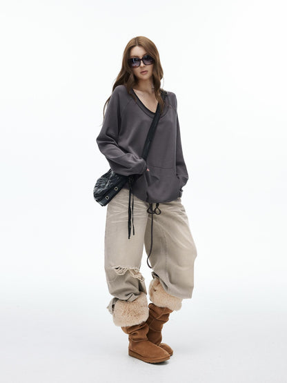 iamxiaa Two Way Crewneck Raglan Drawstring Hem Women&