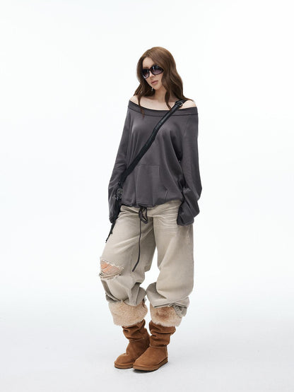iamxiaa Two Way Crewneck Raglan Drawstring Hem Women&