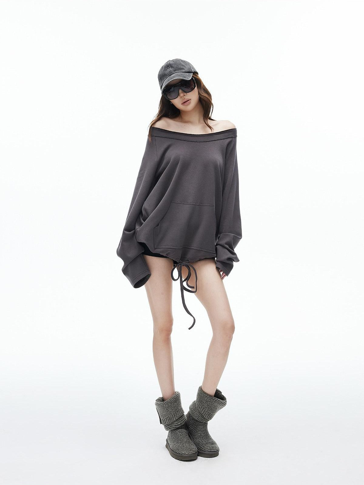 iamxiaa Two Way Crewneck Raglan Drawstring Hem Women&