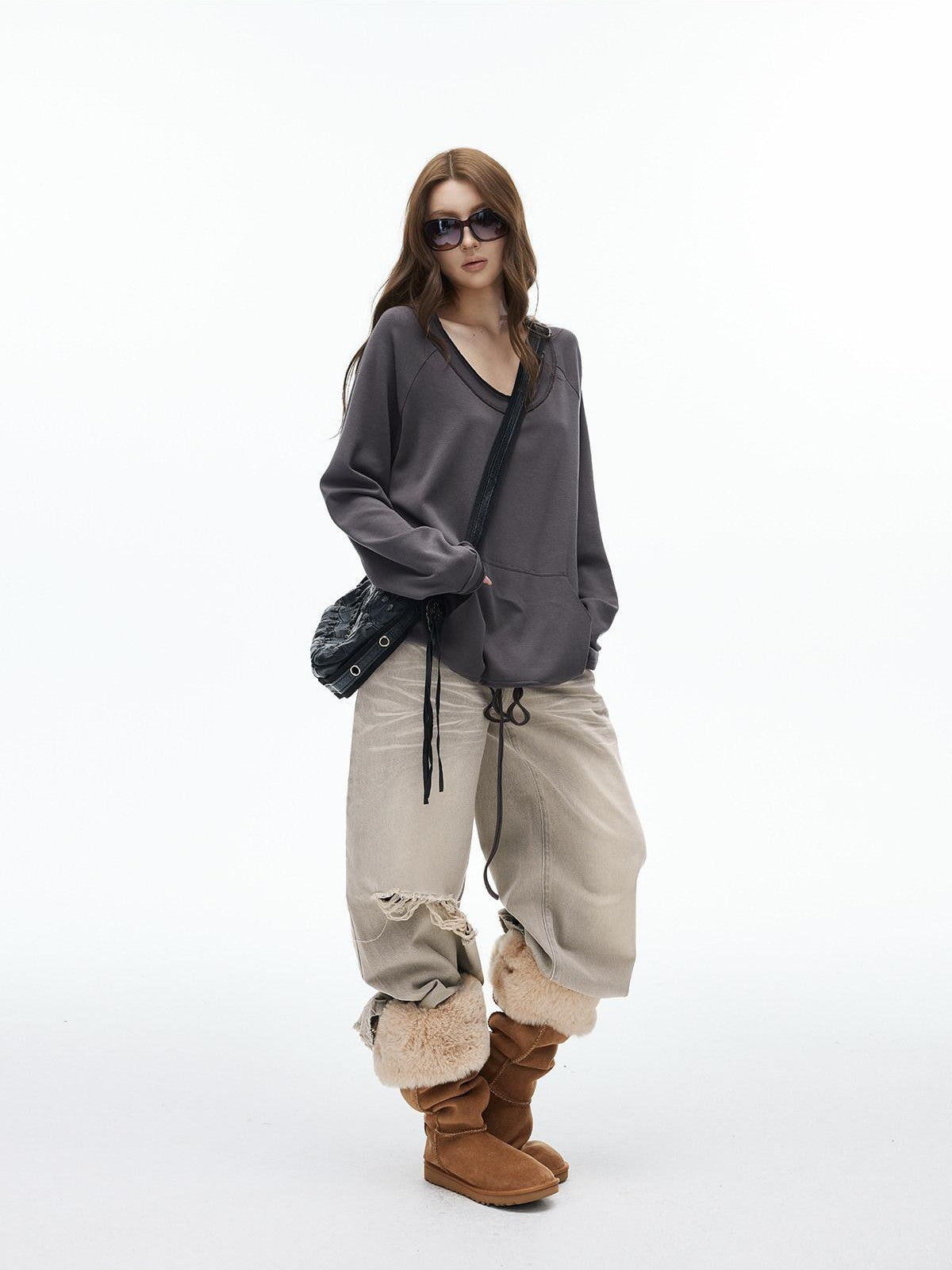 iamxiaa Two Way Crewneck Raglan Drawstring Hem Women&