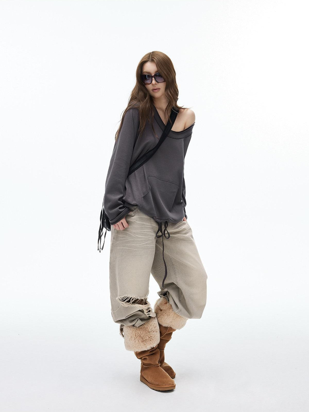 iamxiaa Two Way Crewneck Raglan Drawstring Hem Women&