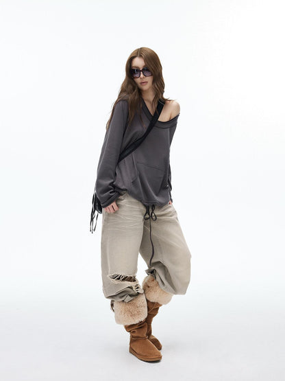 iamxiaa Two Way Crewneck Raglan Drawstring Hem Women&