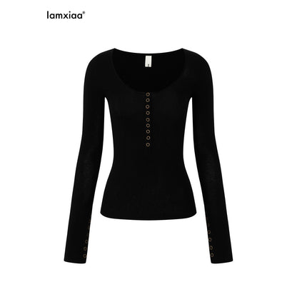 iamxiaa_U_Neck_9_Button_Placket_Adjustable_Cuffs_Women&
