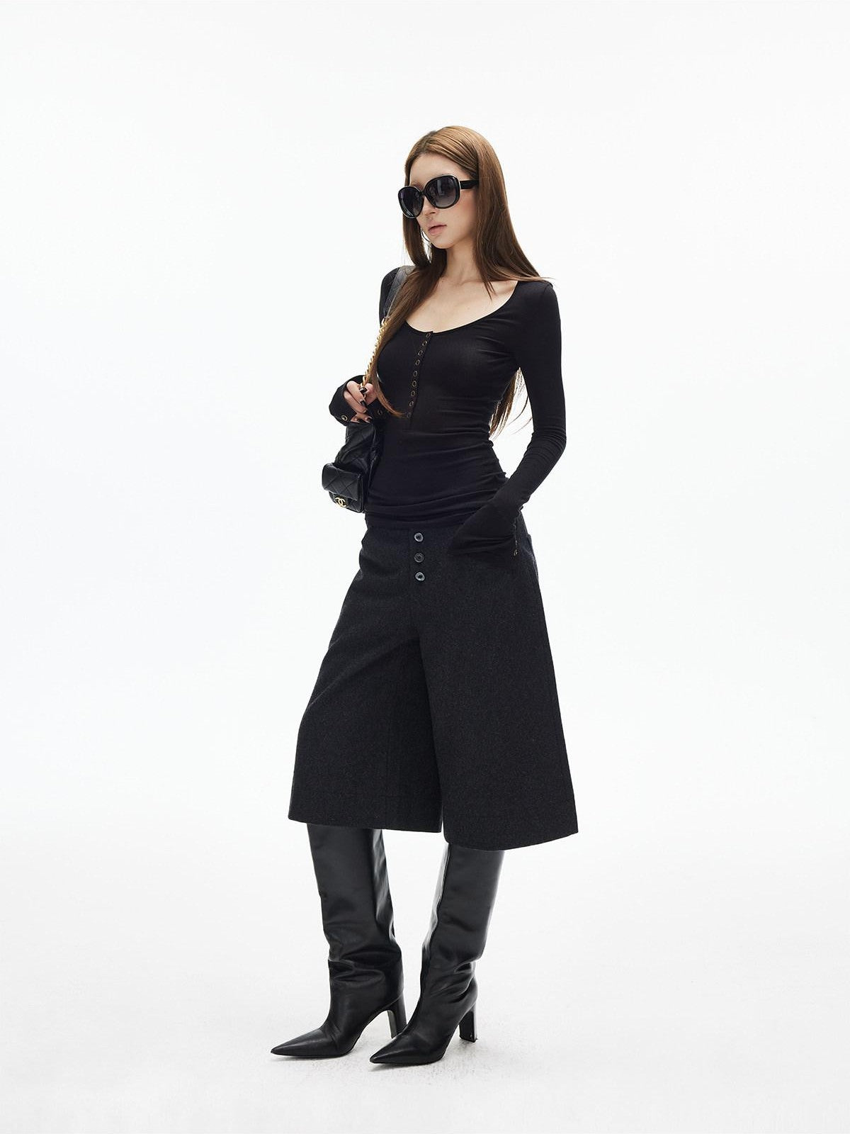 iamxiaa U Neck 9 Button Placket Adjustable Cuffs Women&