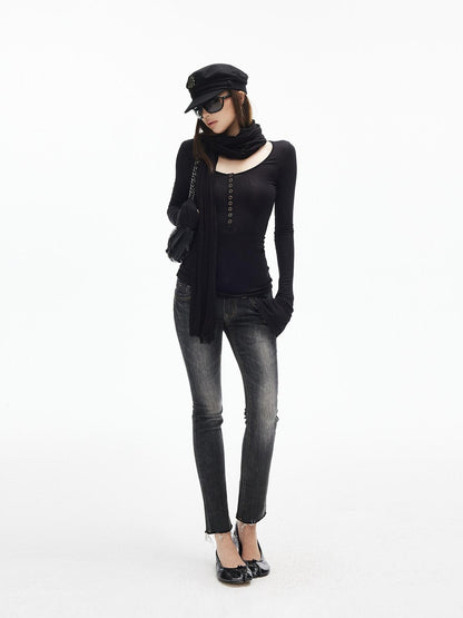 iamxiaa U Neck 9 Button Placket Adjustable Cuffs Women&