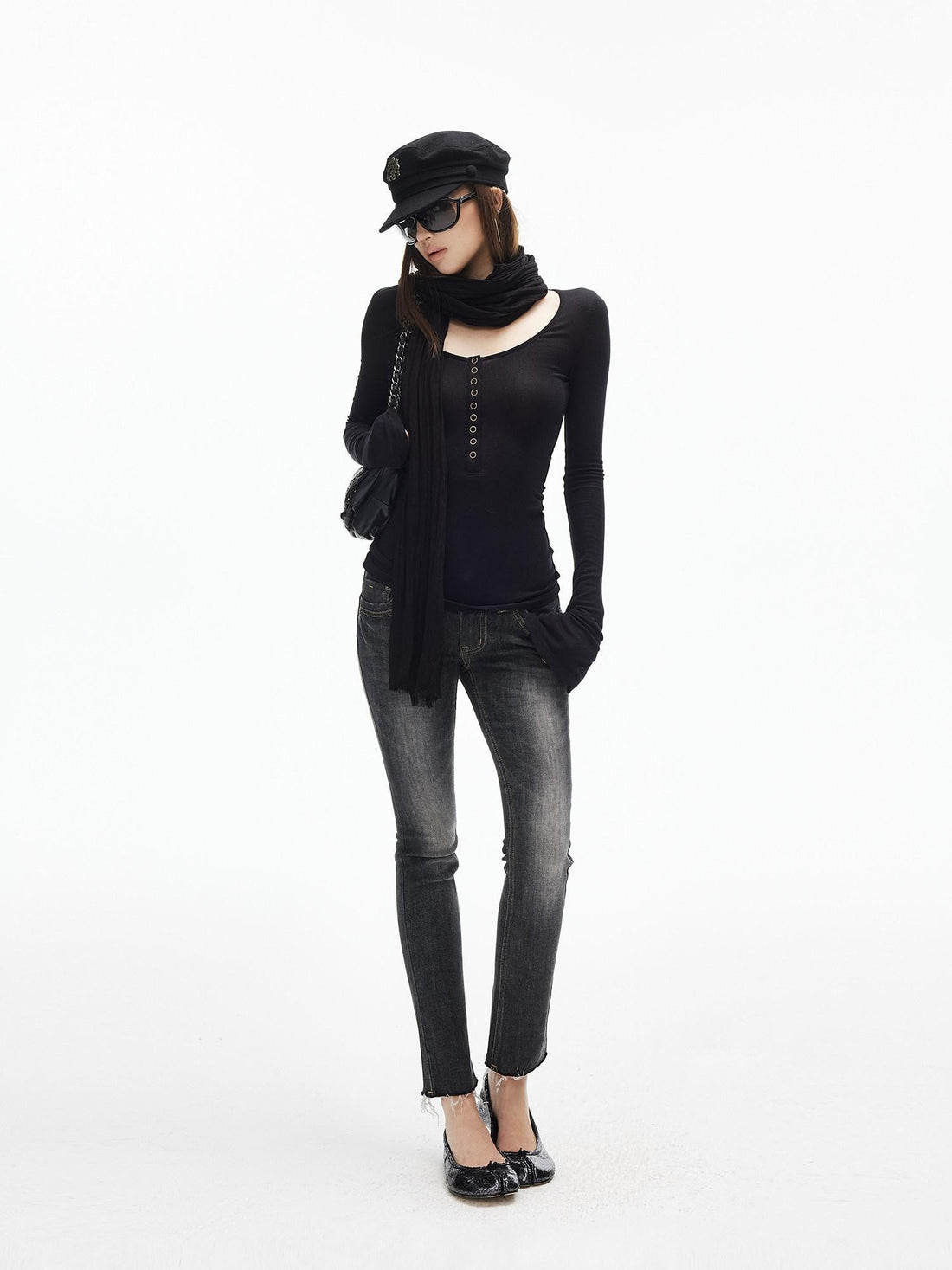 iamxiaa U Neck 9 Button Placket Adjustable Cuffs Women&