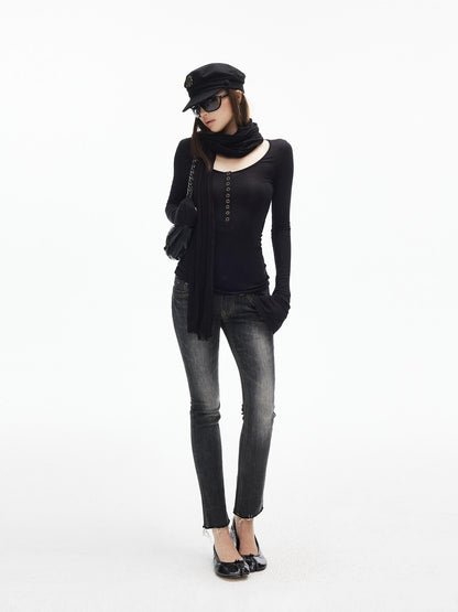 iamxiaa U Neck 9 Button Placket Adjustable Cuffs Women&