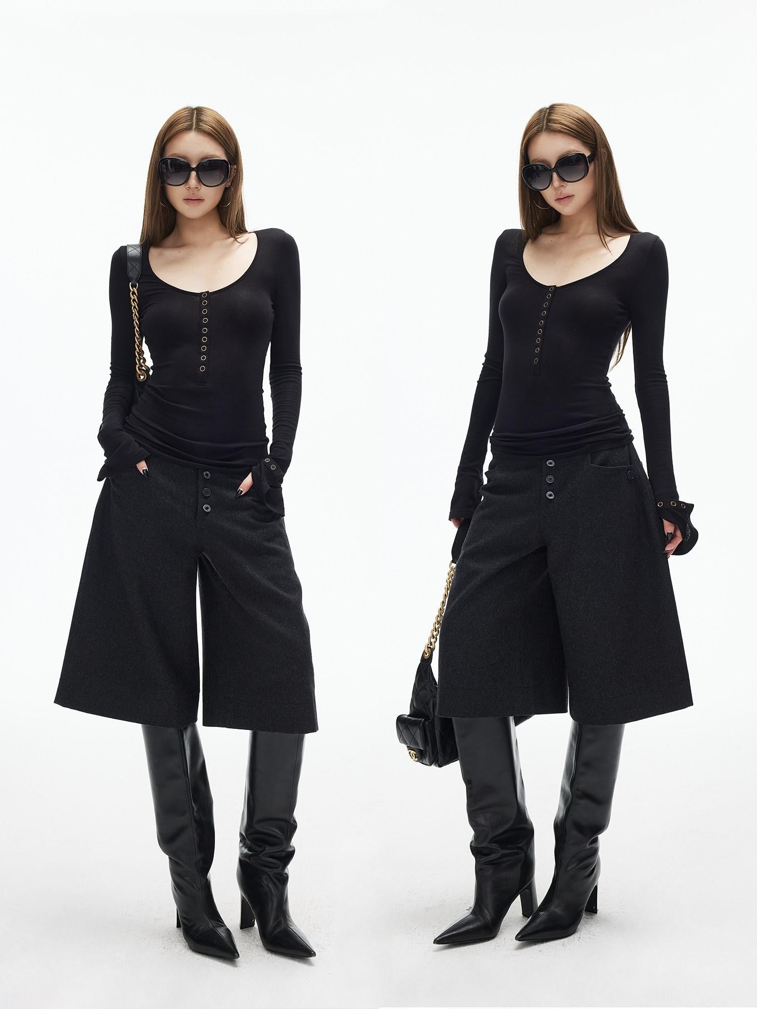 iamxiaa U Neck 9 Button Placket Adjustable Cuffs Women&