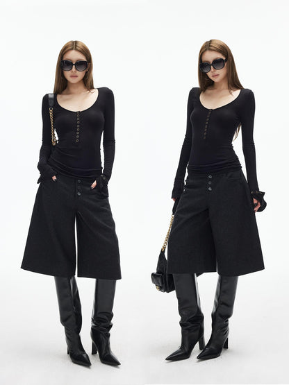 iamxiaa U Neck 9 Button Placket Adjustable Cuffs Women&