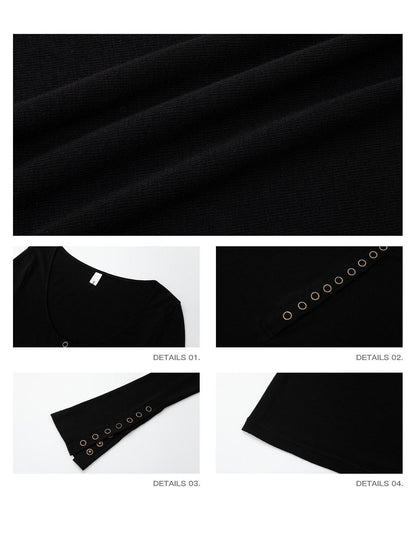 iamxiaa U Neck 9 Button Placket Adjustable Cuffs Women&