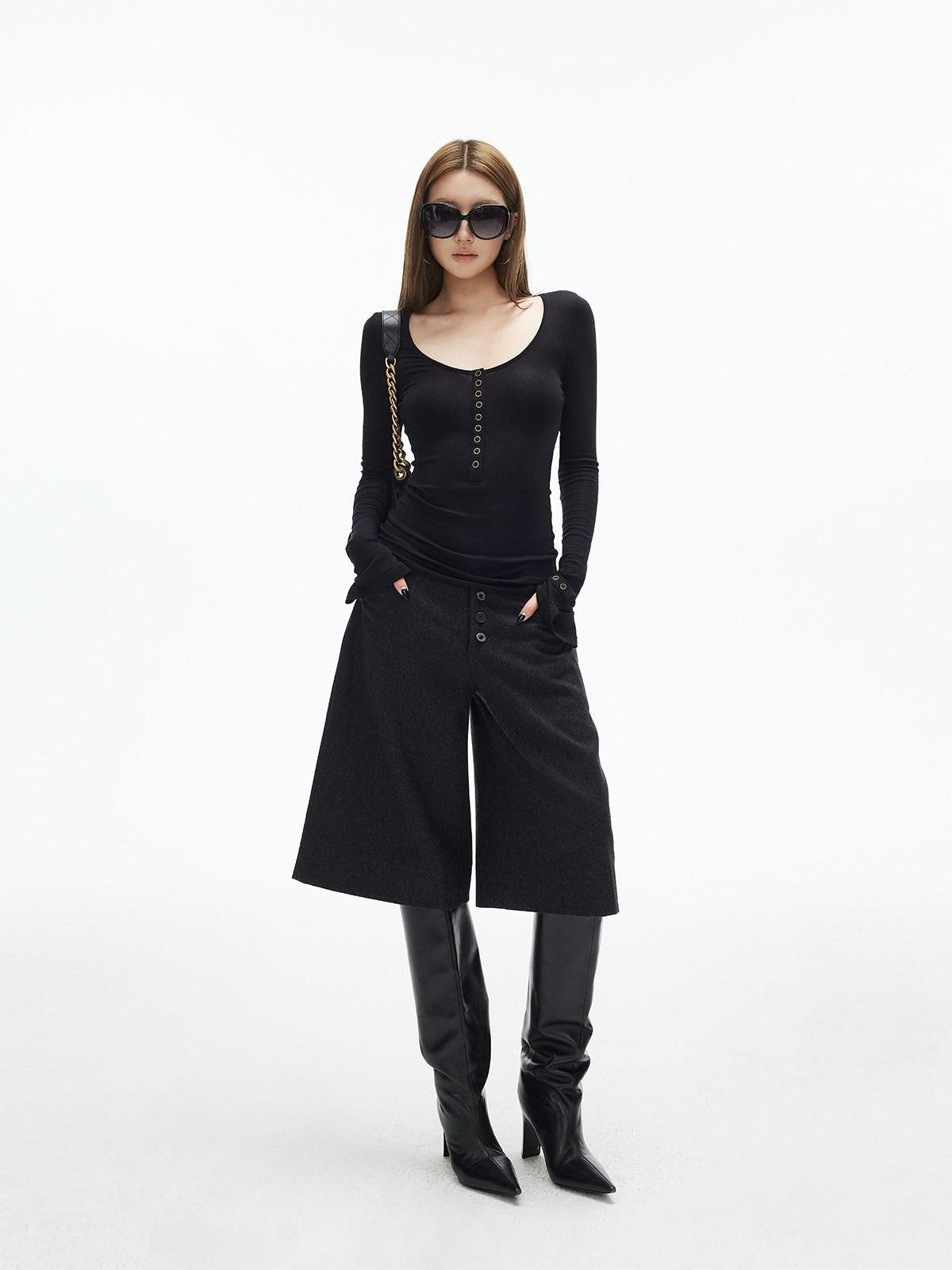 iamxiaa U Neck 9 Button Placket Adjustable Cuffs Women&