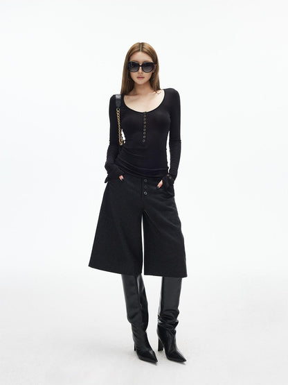 iamxiaa U Neck 9 Button Placket Adjustable Cuffs Women&