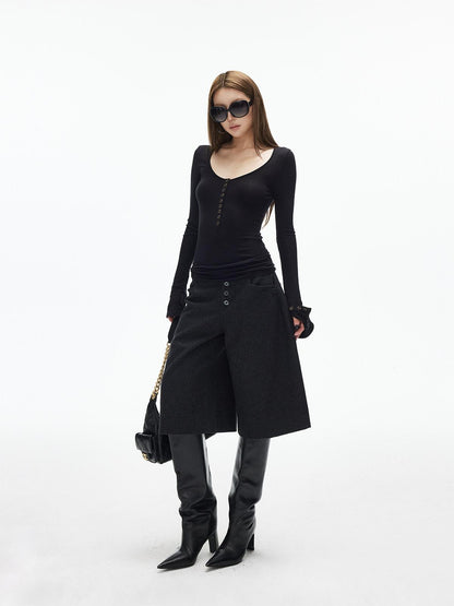 iamxiaa U Neck 9 Button Placket Adjustable Cuffs Women&