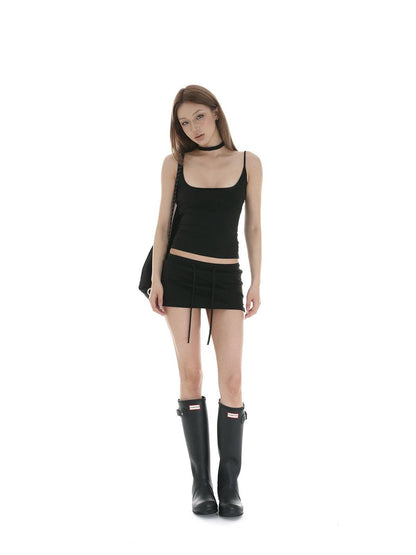 iamxiaa U Neck Backless Low Cut Strappy Crop Skort Low Rise Women&