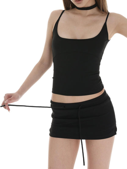 iamxiaa U Neck Backless Low Cut Strappy Crop Skort Low Rise Women&