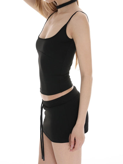 iamxiaa U Neck Backless Low Cut Strappy Crop Skort Low Rise Women&