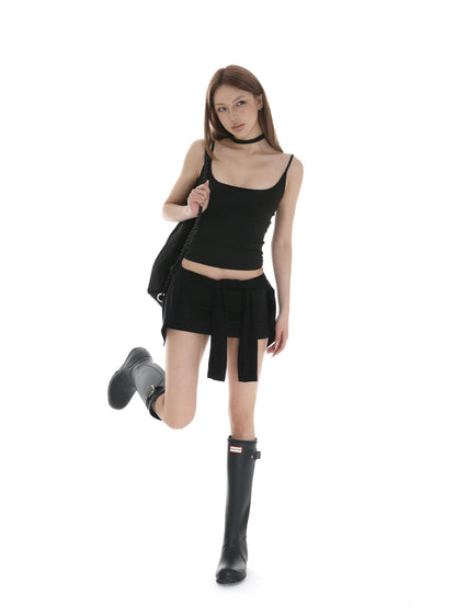 iamxiaa U Neck Backless Low Cut Strappy Crop Skort Low Rise Women&